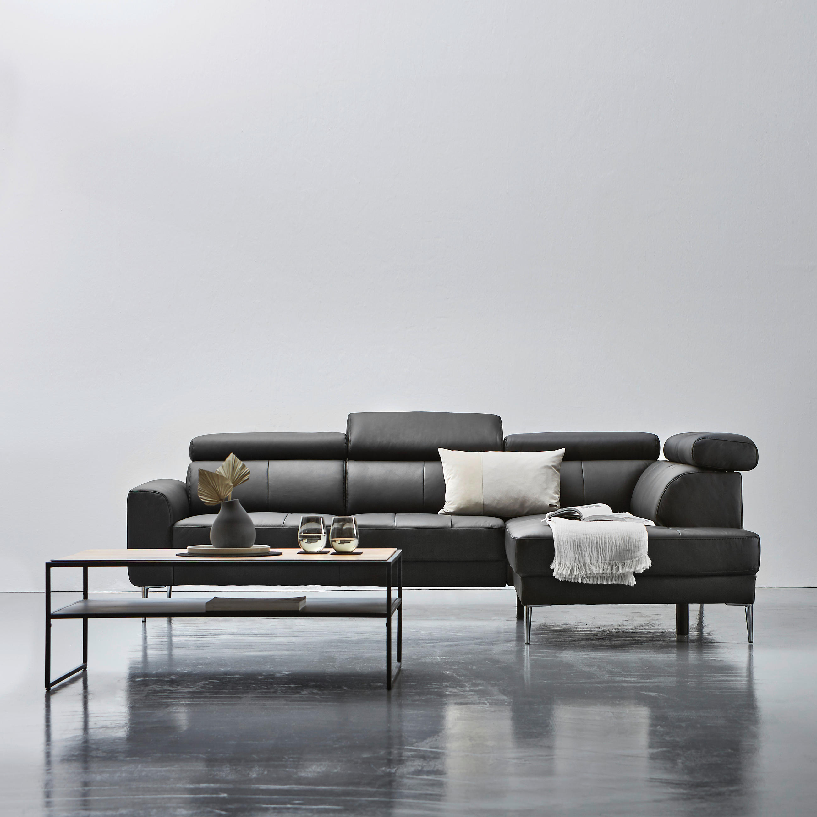 ECKSOFA in Echtleder Schwarz  262/213 cm  - Chromfarben/Schwarz, Design, Leder/Metall (262/213cm) - Hom`in