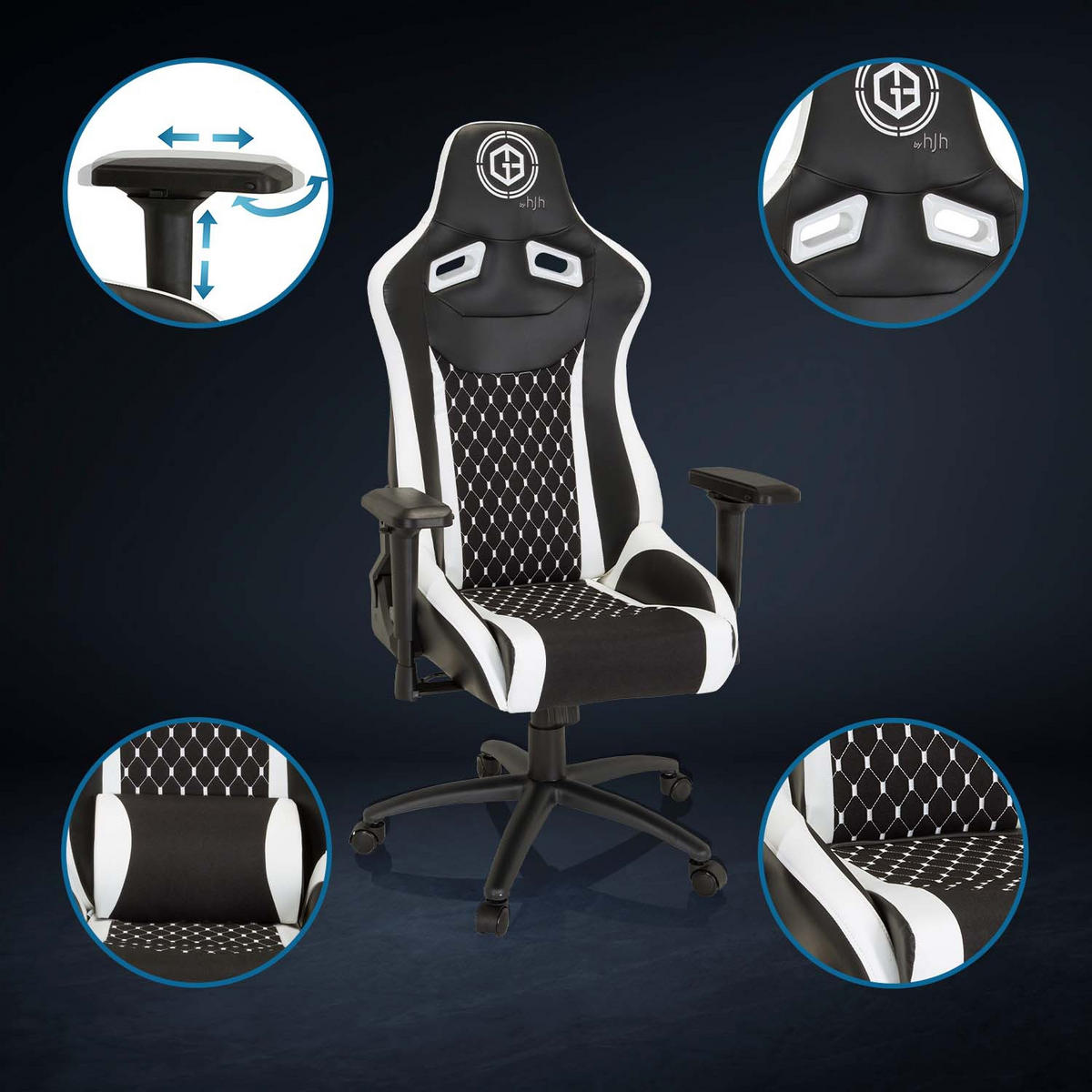 GAMINGSTUHL Schwarz, Weiß Textil   - Schwarz/Weiß, MODERN, Kunststoff/Textil (74/137/66cm) - MID.YOU