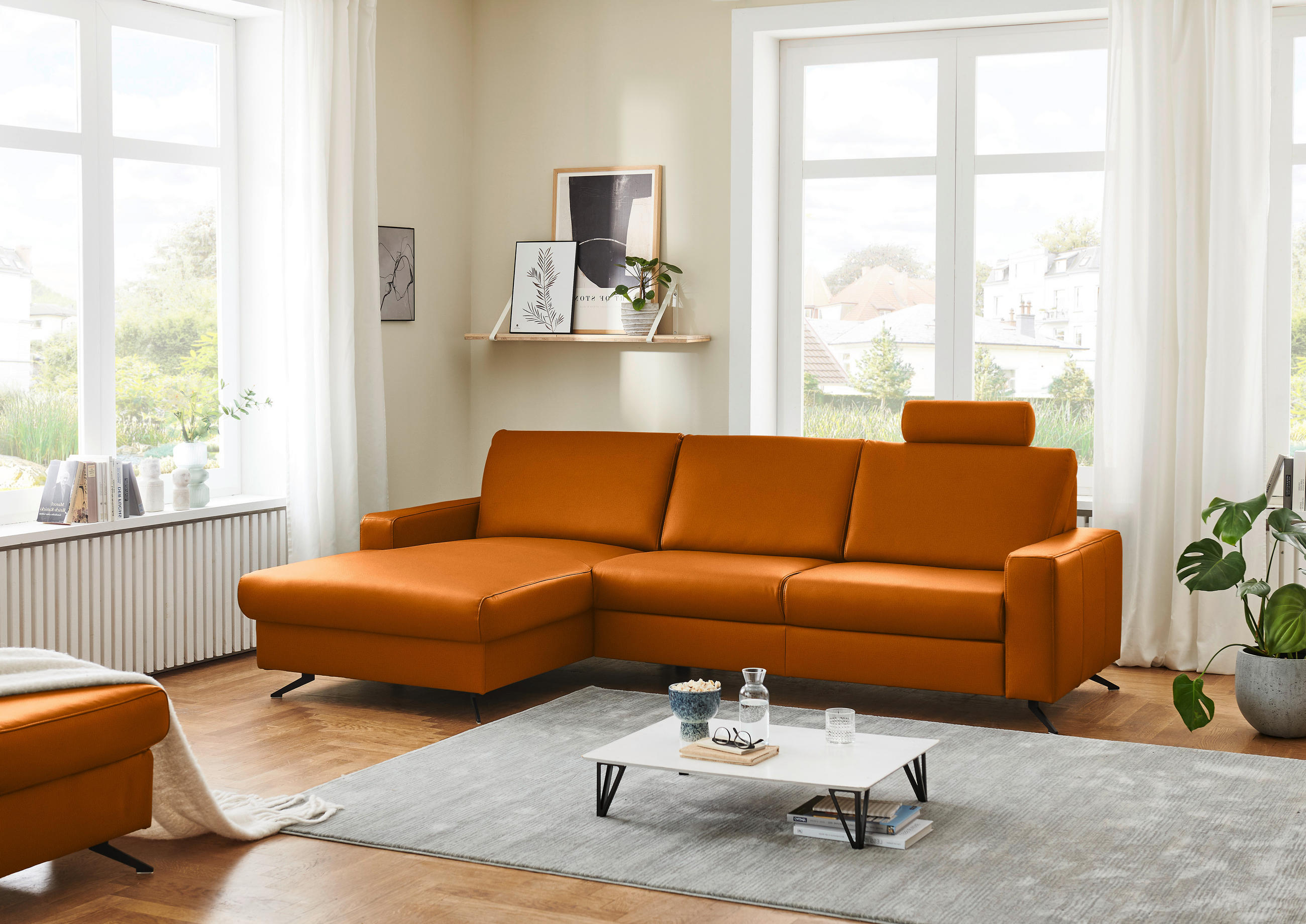 ECKSOFA in Echtleder Orange  165/267 cm  - Schwarz/Orange, Design, Leder/Metall (165/267cm) - Lomoco
