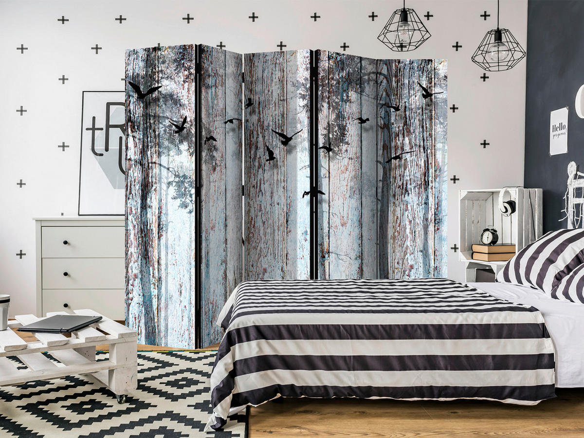 PARAVENT mit 5  Flügel - Braun/Hellblau, Basics, Holz/Textil (225/172/3cm) - artgeist