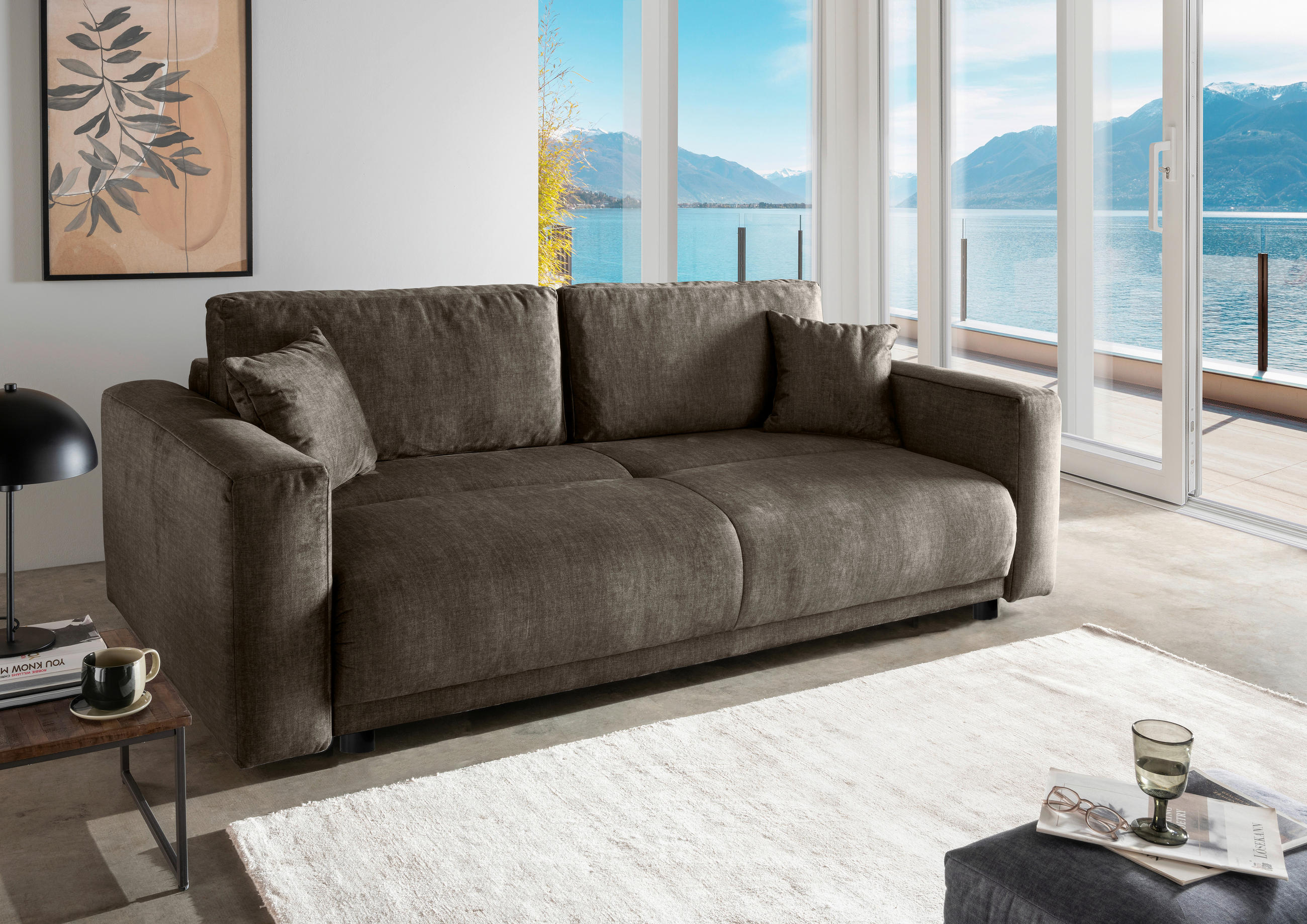 SCHLAFSOFA in Velours Braun  - Schwarz/Braun, Modern, Kunststoff/Textil (245/86/126cm) - Livetastic