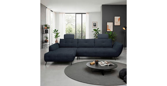ECKSOFA Dunkelblau Chenille Armlehnenkissen, Rücken echt, Sitztiefenverstellung  - Schwarz/Dunkelblau, KONVENTIONELL, Textil/Metall (215/313cm) - Hom`in