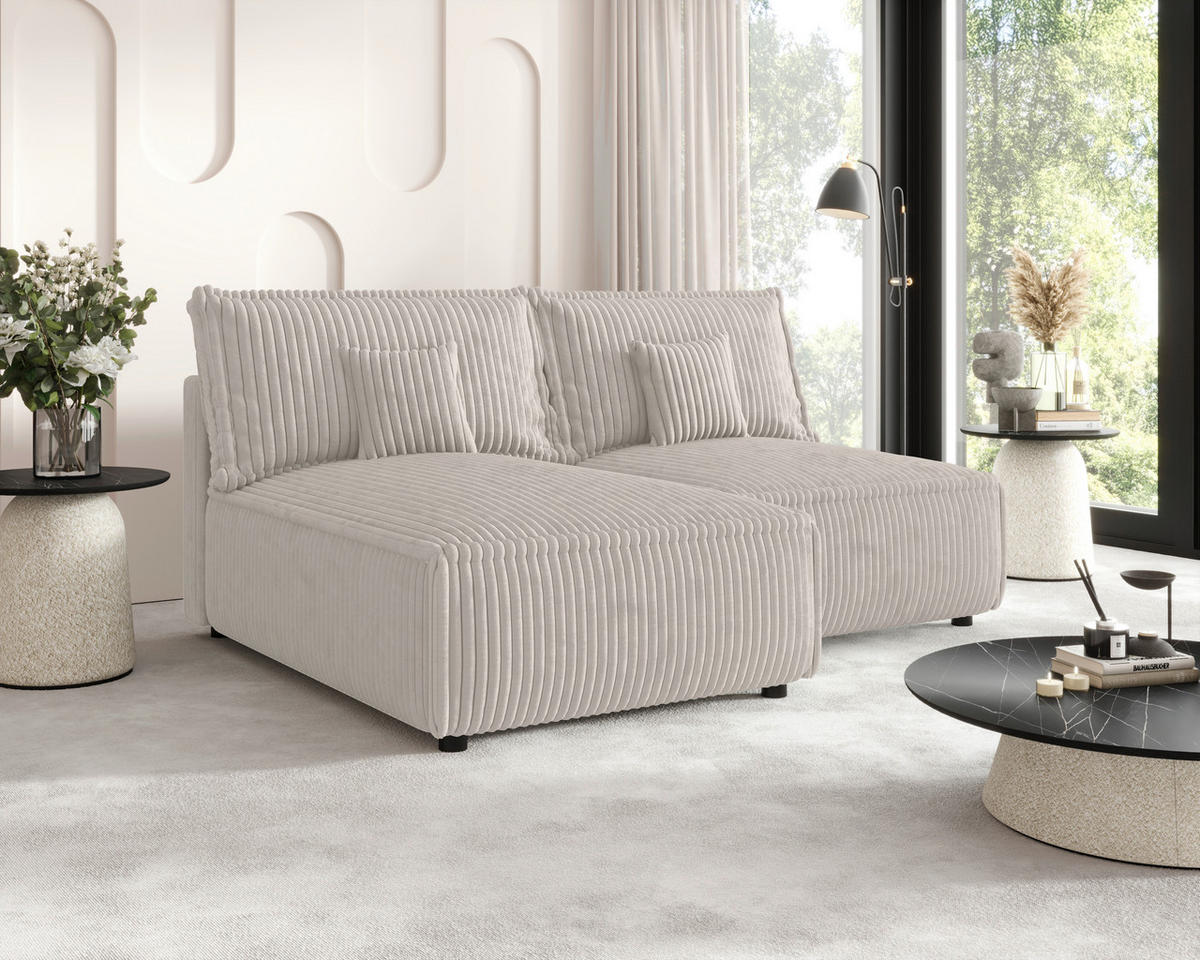ECKSOFA Creme Cord Zierkissen, Rückenkissen, Schlaffunktion, Rücken echt  - Creme/Schwarz, MODERN, Kunststoff/Textil (153/200cm) - Xora