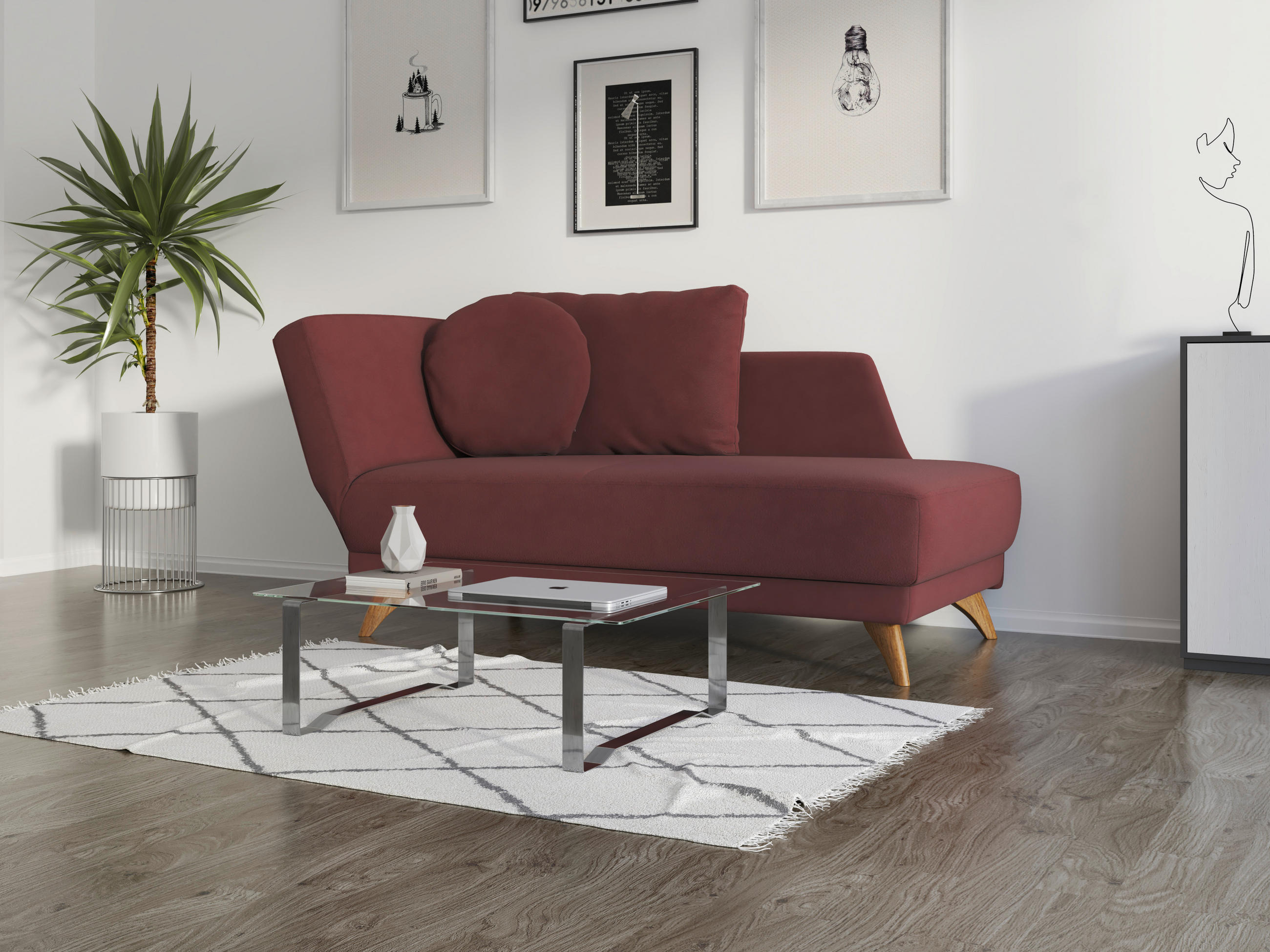 RÉCAMIERE in Flachgewebe Dunkelrot  - Eichefarben/Dunkelrot, Modern, Holz/Textil (205/74/94cm) - Bali