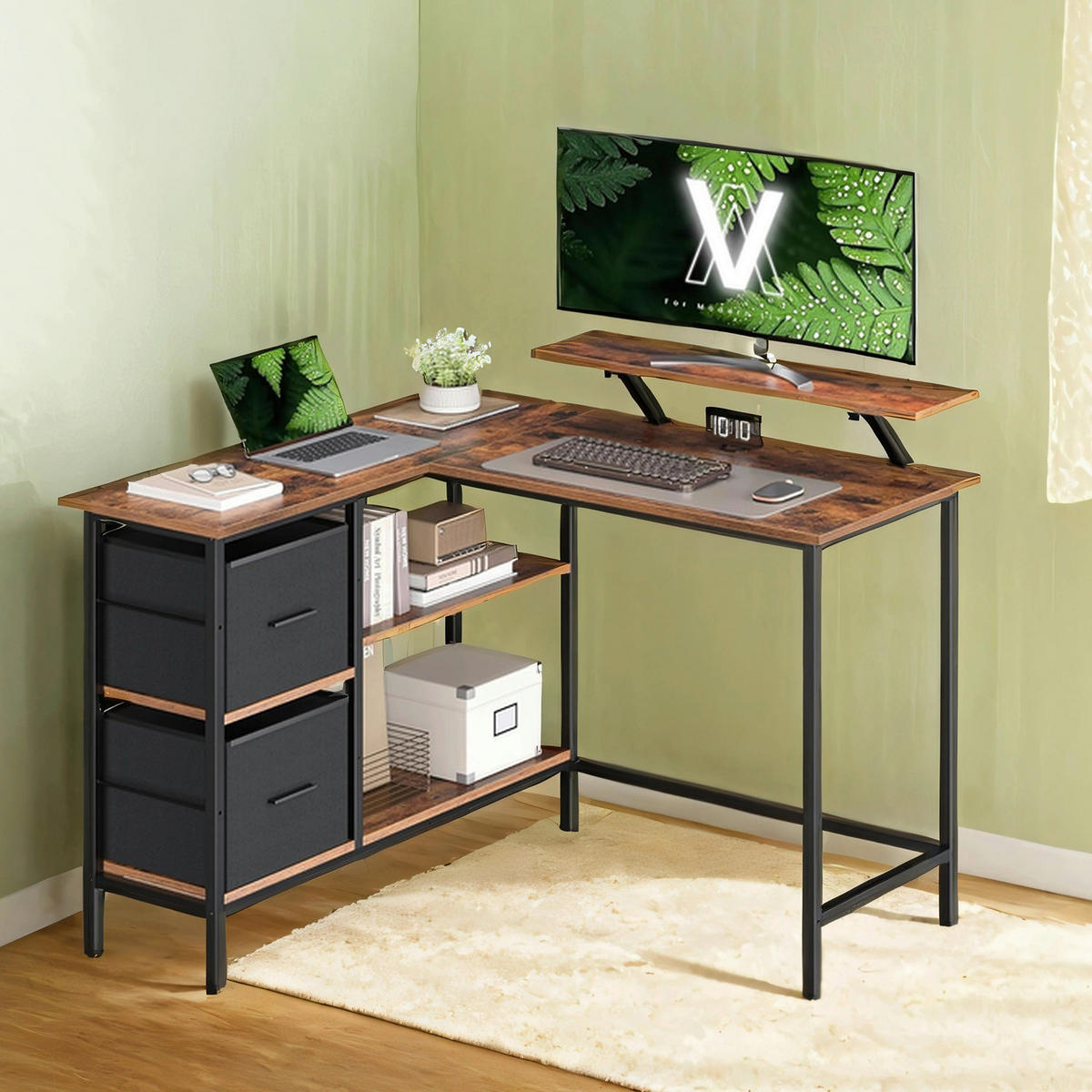 ECKSCHREIBTISCH 115/105/89,5 cm  höhenverstellbar, Stauraum, justierbare Füße  - Schwarz, Basics, Holzwerkstoff/Textil (115/105/89,5cm) - Boxxx