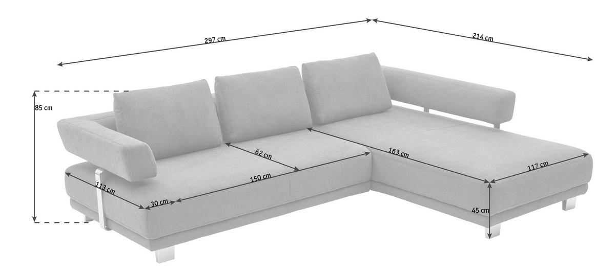 ECKSOFA in Chenille Grau  - Chromfarben/Grau, Natur, Textil/Metall (297/214cm) - Valdera