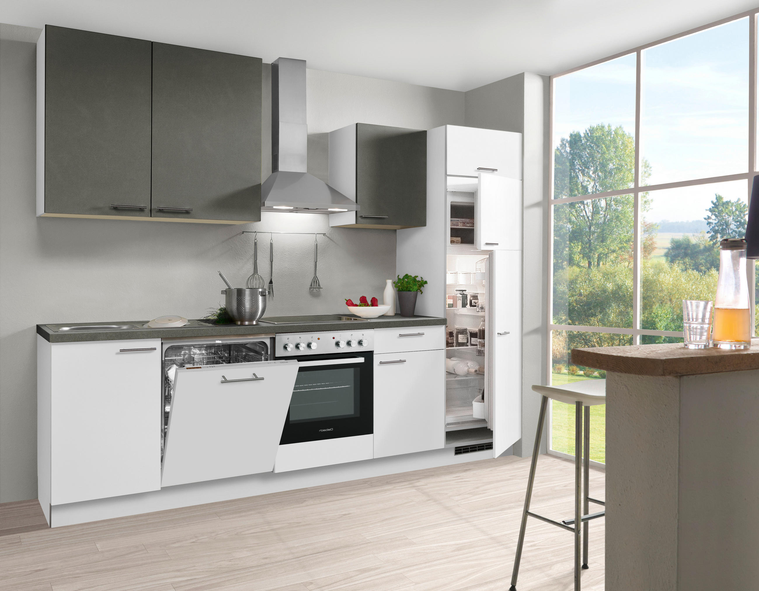 KÜCHENBLOCK 280 cm   in Anthrazit, Weiß  - Edelstahlfarben/Anthrazit, KONVENTIONELL, Holzwerkstoff/Metall (280cm) - Welnova