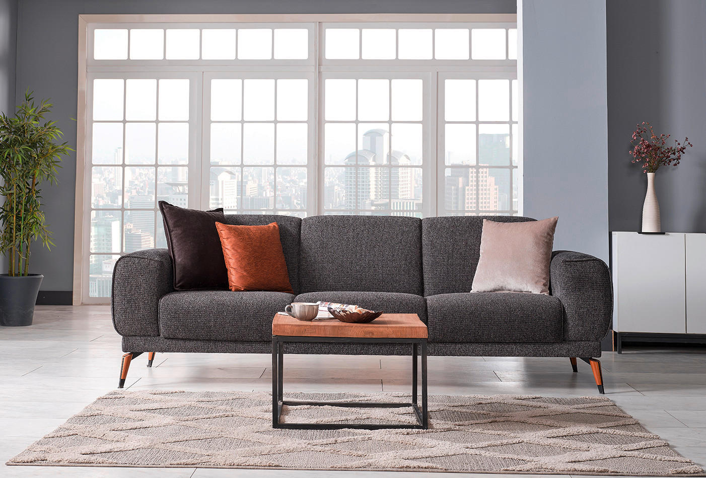 SOFA in Leinenoptik Dunkelgrau, Anthrazit  - Dunkelgrau/Anthrazit, Design, Holz/Textil (242/82/86cm) - Livetastic