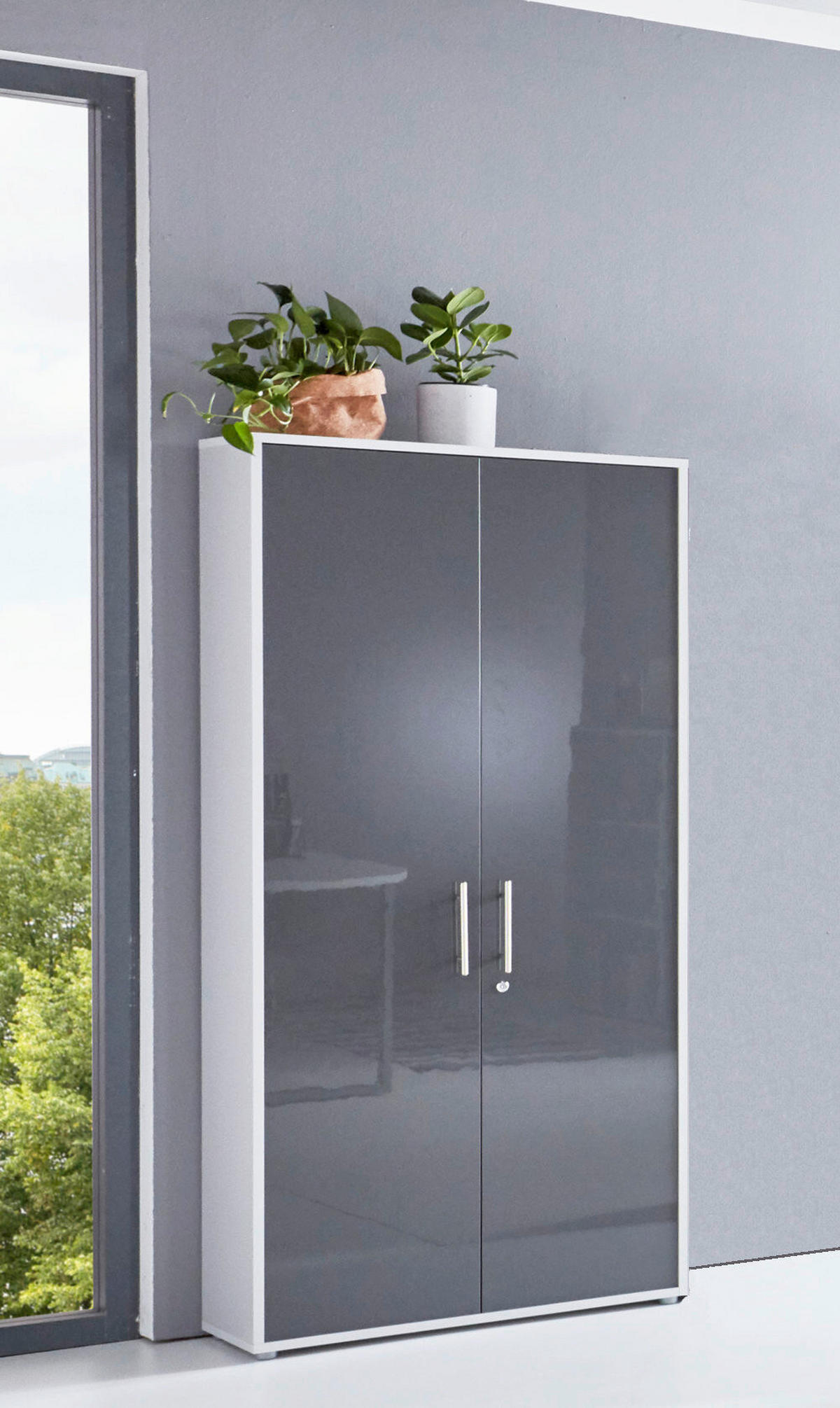 BÜRO erweiterbar, abschließbar Grau, Anthrazit Hochglanz - Anthrazit Hochglanz/Grau, MODERN, Holzwerkstoff/Metall - MID.YOU