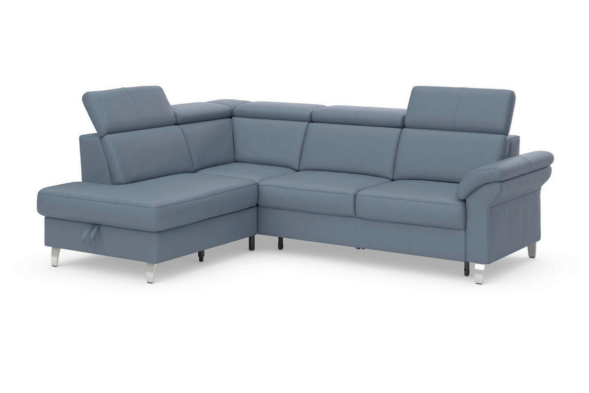 ECKSOFA ARNGAST E Graublau Kombination Echtleder/Stoff Mikrofaser Bettkasten, Kopfteilverstellung  - Chromfarben/Graublau, Basics, Leder/Textil (194/245cm) - Sit & More
