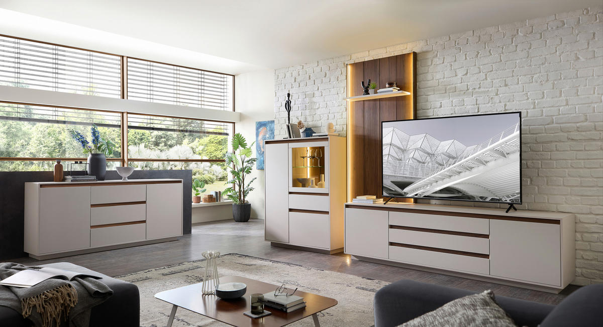 ANSAMBLU MOBILIER CAMERA DE Z in culoare lemn de nuc, cașmir  - cașmir/culoare lemn de nuc, Design, sticlă/material pe bază de lemn (354/232/45cm) - Stylife