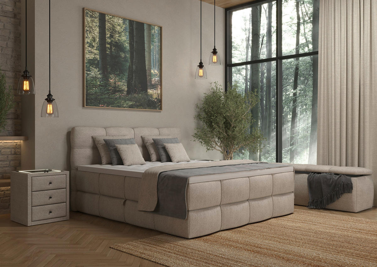 BOXSPRINGBETT 180/200 cm,  in Elfenbein, gepolstertes Kopfteil, Bettkasten, Topper, Matratzen, H3 + H3 = fest  - Elfenbein/Schwarz, Design, Kunststoff/Textil (180/200cm) - Chameo