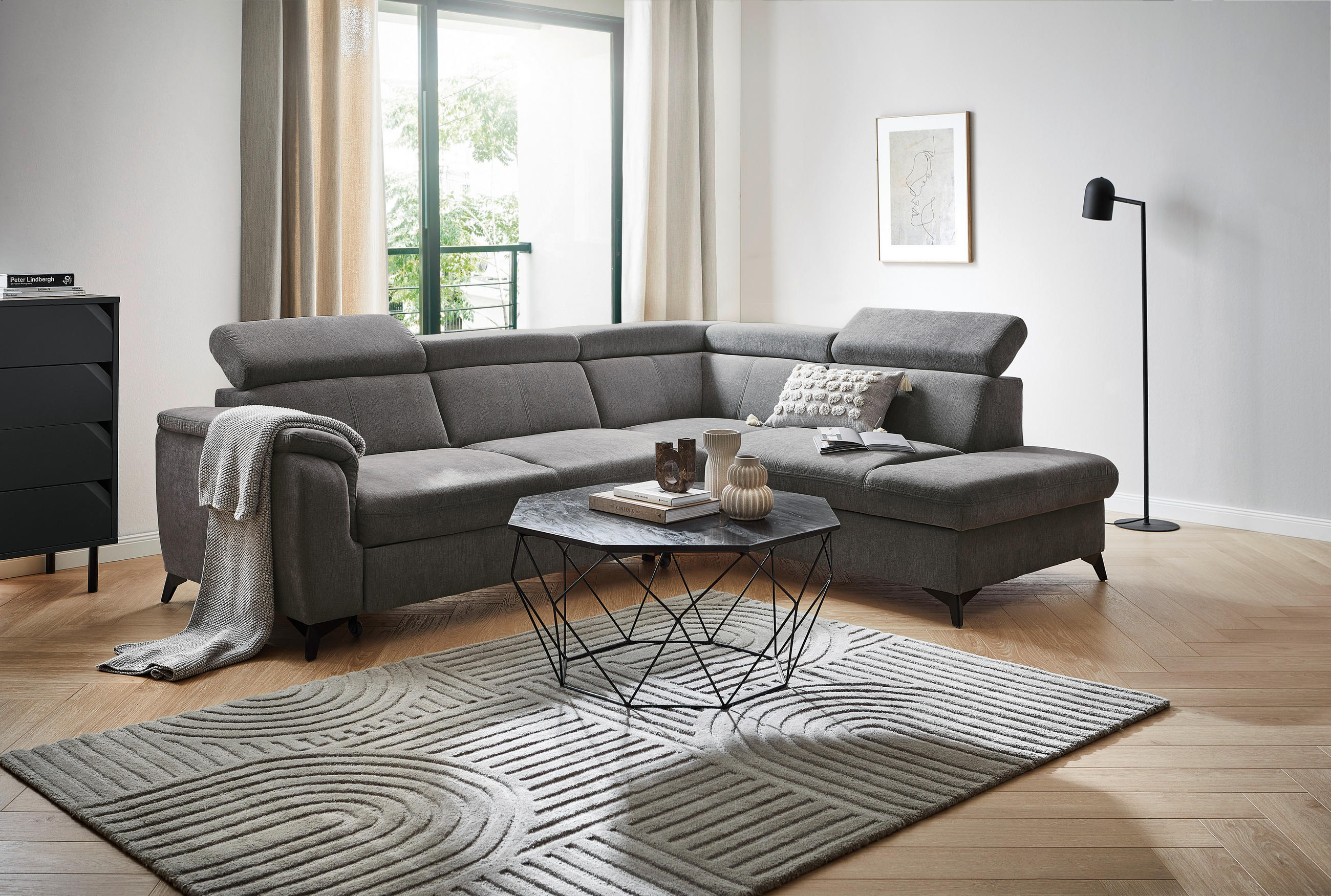 Ecksofa inkl. Funktionen Anthrazit Chenille  - Anthrazit/Schwarz, Design, Textil/Metall (260/203cm) - Stylife