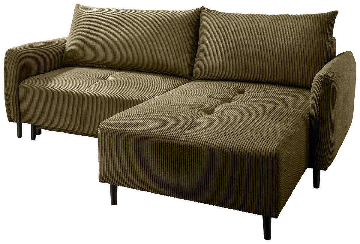 ECKSCHLAFSOFA  mit Liegefunktion, Rücken echt Cord Olivgrün  - Schwarz/Olivgrün, Basics, Holz/Textil (238/174cm) - Livetastic