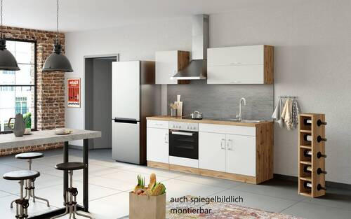 KÜCHENBLOCK 210 cm in Weiß, Eichefarben - Chromfarben/Eichefarben, MODERN (210cm) - Held