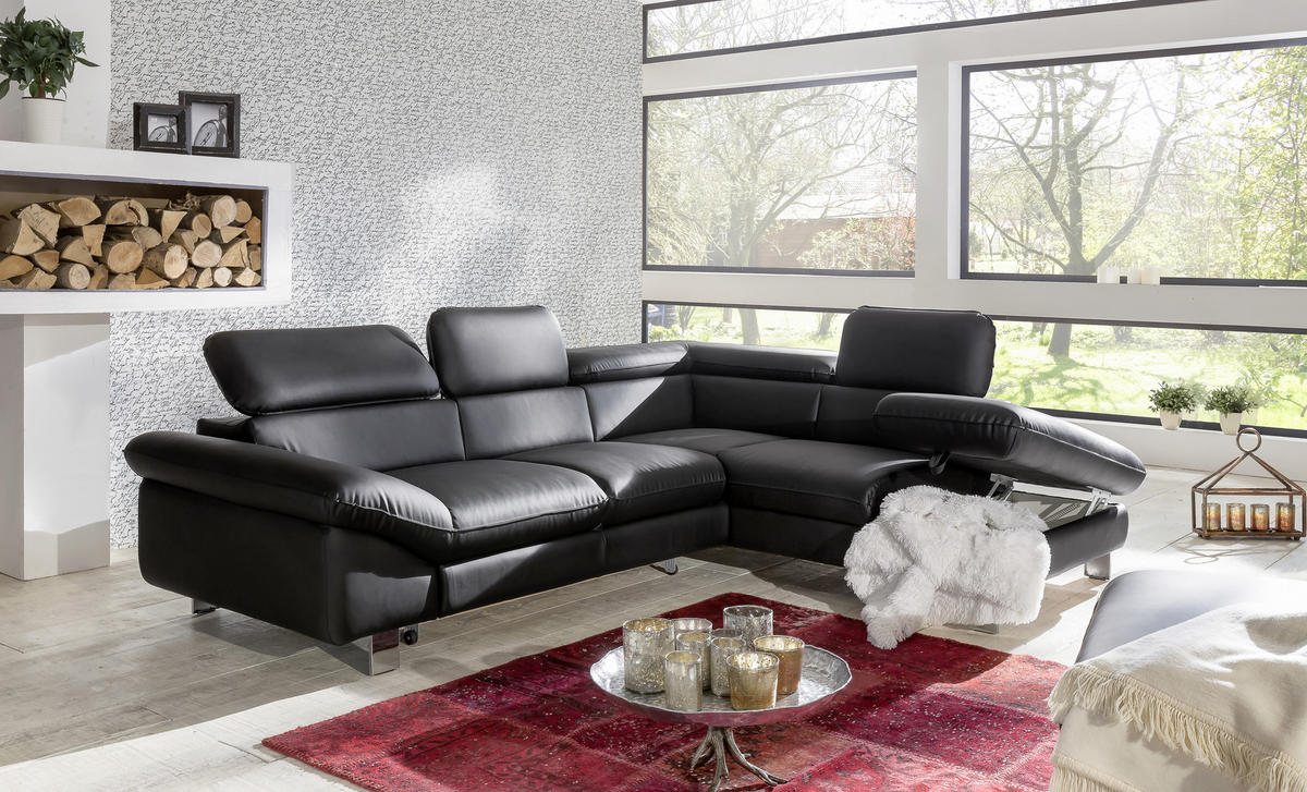 WOHNLANDSCHAFT in Lederlook Schwarz  - Chromfarben/Schwarz, Modern, Textil/Metall (266/214cm) - MID.YOU
