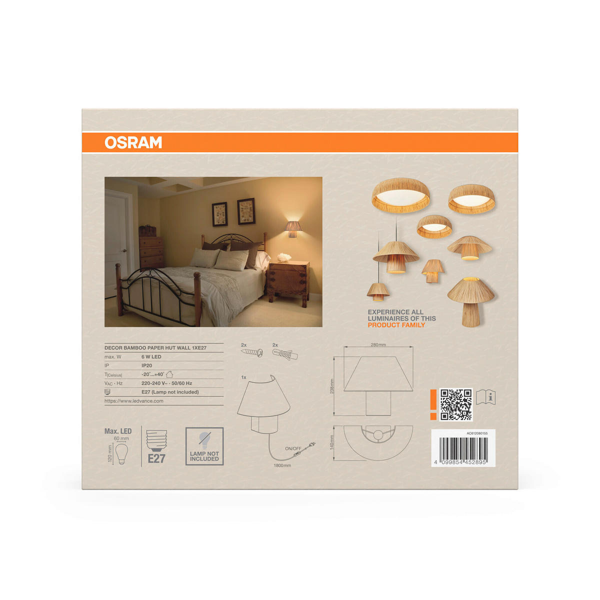 WANDLEUCHTE 28/14/23.8 cm   - Hellbraun, Natur, Naturmaterialien/Metall (28/14/23.8cm) - Osram