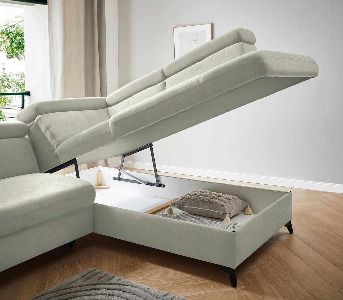 ECKSOFA in Webstoff Ecru  - Ecru/Schwarz, Design, Textil/Metall (260/203cm) - Stylife