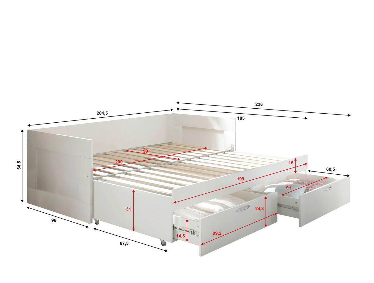 AUSZIEHBETT 90/200 cm  in Weiß  - Buchefarben/Schwarz, KONVENTIONELL, Holz/Holzwerkstoff (90/200cm) - Boxxx
