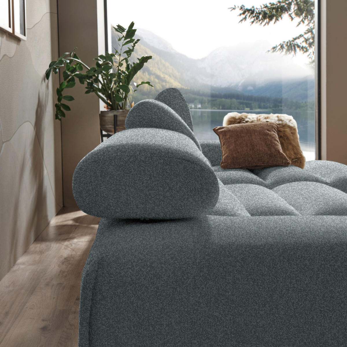 ECKSOFA in Velours Blaugrau  - Buchefarben/Blaugrau, Design, Holz/Textil (329/150cm) - Lomoco