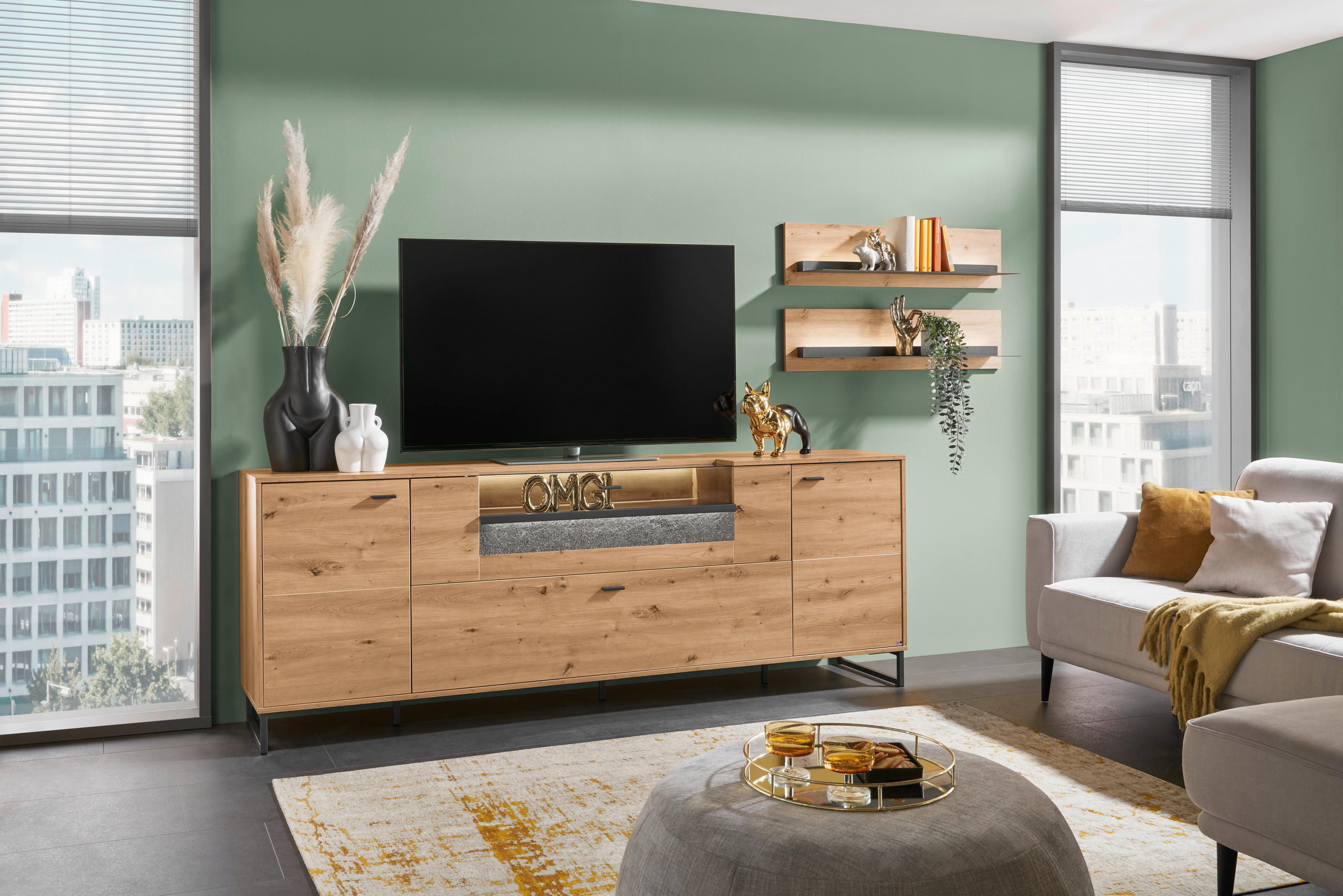 SIDEBOARD  in 228,6/82,9/43,8 cm  - Dunkelgrau/Eiche Artisan, Design, Glas/Holzwerkstoff (228,6/82,9/43,8cm) - SetOne by Musterring