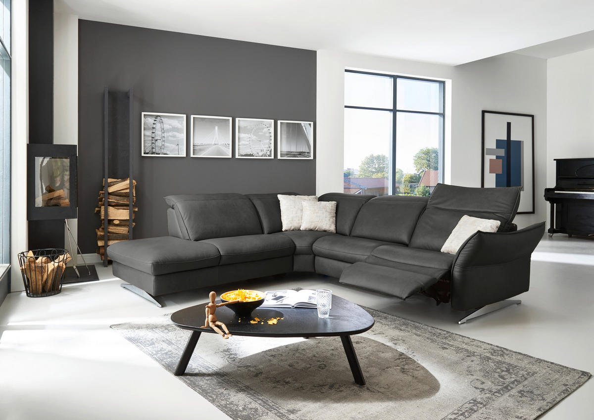 ECKSOFA in Echtleder Schwarz  - Edelstahlfarben/Schwarz, Design, Leder/Metall (258/292cm) - Hukla