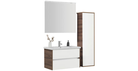 BADEZIMMER  in 90 cm  - Weiß Hochglanz/Nussbaumfarben, Basics, Glas/Keramik (90cm) - Voleo