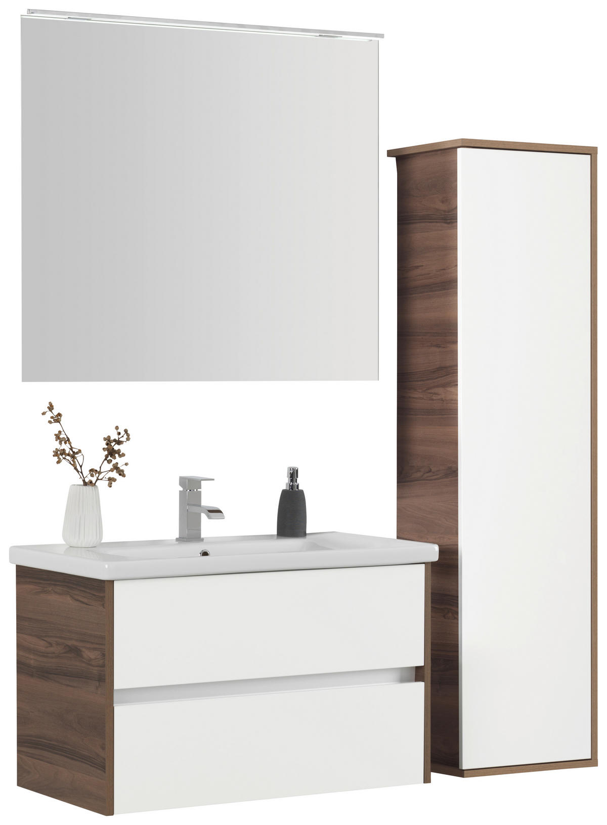 BADEZIMMER  in 90 cm  - Weiß Hochglanz/Nussbaumfarben, Basics, Glas/Keramik (90cm) - Voleo