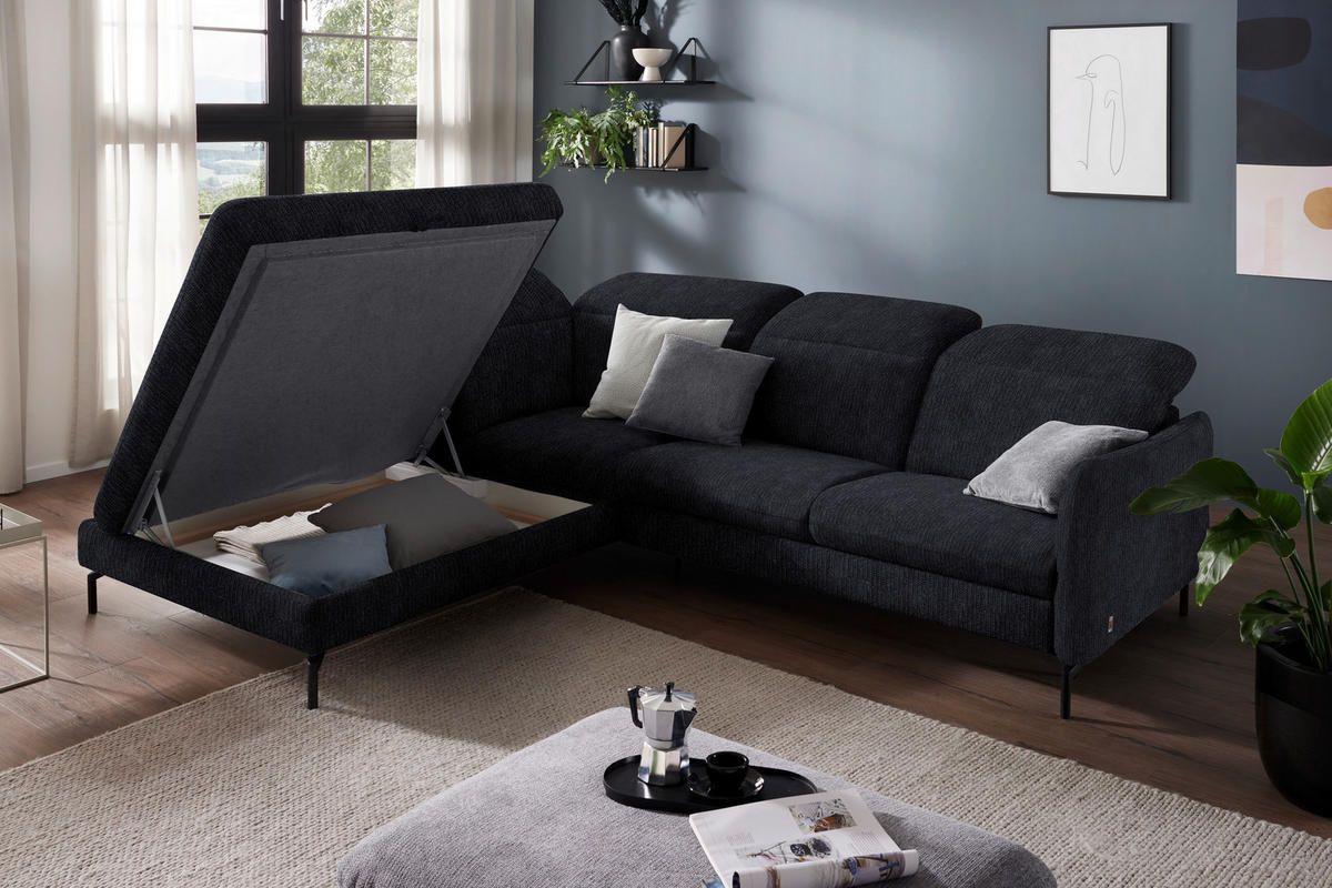 ECKSOFA in Flachgewebe Graphitfarben  - Schwarz/Graphitfarben, Design, Textil/Metall (233/299-313cm) - Dieter Knoll