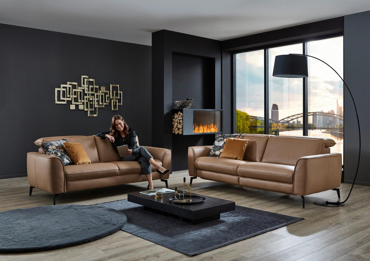 3-SITZER-SOFA in Echtleder Haselnussfarben  - Schwarz/Haselnussfarben, Natur, Leder/Metall (222/81/110cm) - Valdera