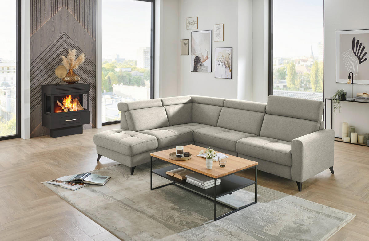 ECKSOFA Flachgewebe Ecru  - Ecru/Schwarz, Konventionell, Textil/Metall (214/276cm) - Beldomo System