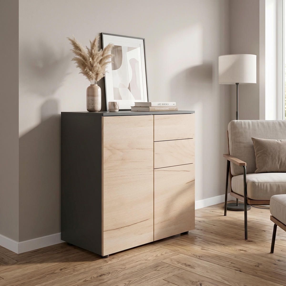 KOMMODE , 70/77/39 cm, 2 Schublade(n)  - Honigeiche/Anthrazit, MODERN, Holzwerkstoff/Kunststoff (70/77/39cm) - MID.YOU