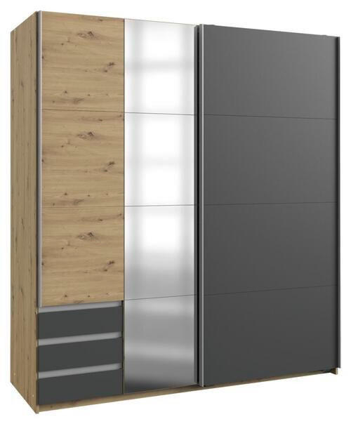 SCHWEBETÜRENSCHRANK  in Graphitfarben, Eichefarben  - Eichefarben/Alufarben, Basics, Holzwerkstoff/Metall (179/198/64cm) - Livetastic