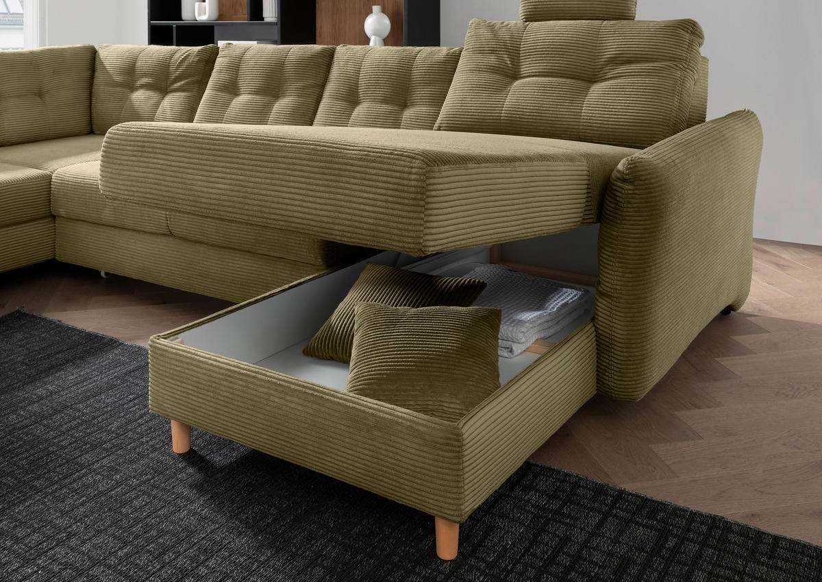 WOHNLANDSCHAFT Olivgrün Cord  - Naturfarben/Olivgrün, MODERN, Holz/Textil (206/338-352/176cm) - Livetastic
