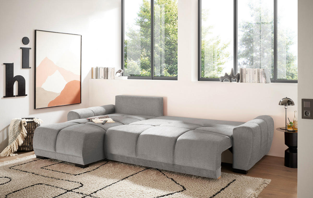 HÖRNBÄDDSOFFA 3-sits i chenille silver  - silver/svart, Basics, textil/plast (294/183cm) - Livetastic