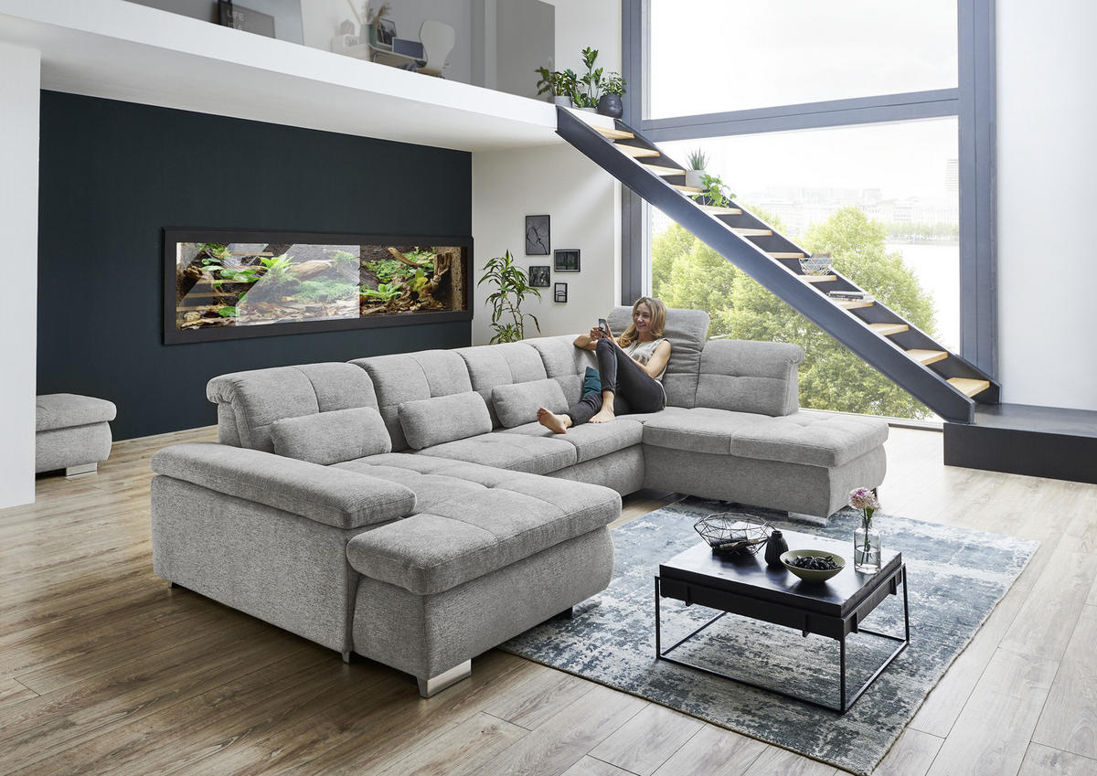 WOHNLANDSCHAFT Hellgrau Webstoff  - Hellgrau/Schwarz, Design, Textil/Metall (210/337/174cm) - Beldomo Style