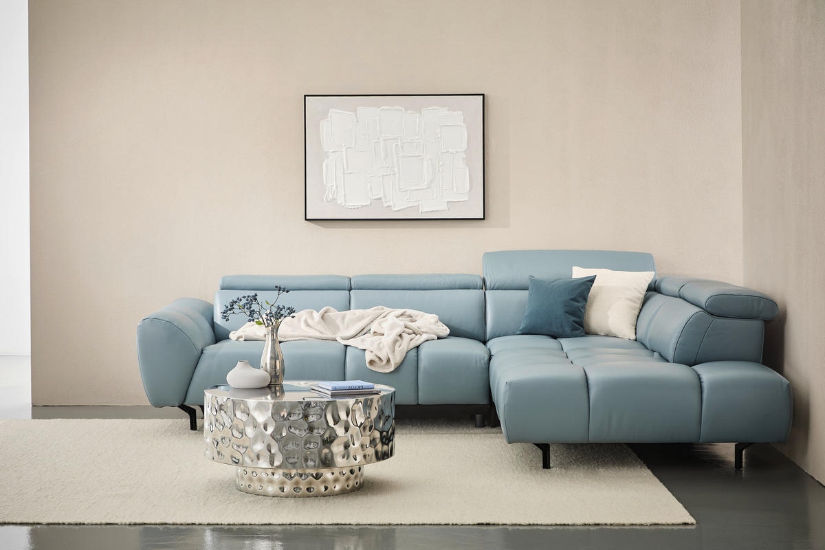 ECKSOFA Graublau Echtleder Rücken echt, Kopfteilverstellung  - Graublau/Schwarz, MODERN, Leder/Metall (224/294cm) - Celina Home