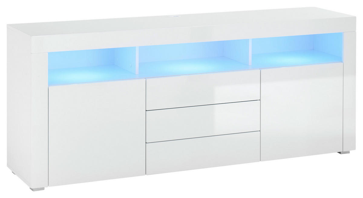 ŠIROKA KOMODA, bela, bela, visoki sijaj  - srebrne barve/bela, Design, umetna masa/leseni material (180/74/44cm) - Xora