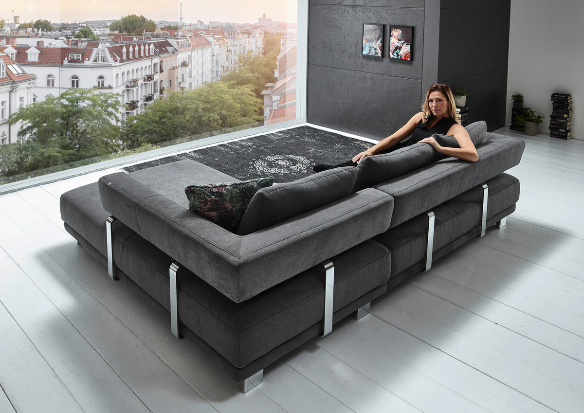ECKSOFA in Chenille Gelb  - Chromfarben/Gelb, Natur, Textil/Metall (297/214cm) - Valdera