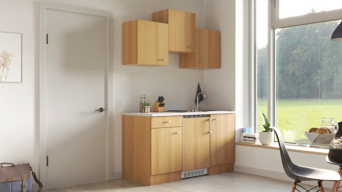 MINIKÜCHE 150 cm   in Buchefarben  - Edelstahlfarben/Beige, MODERN, Holzwerkstoff/Kunststoff (150cm) - FlexWell
