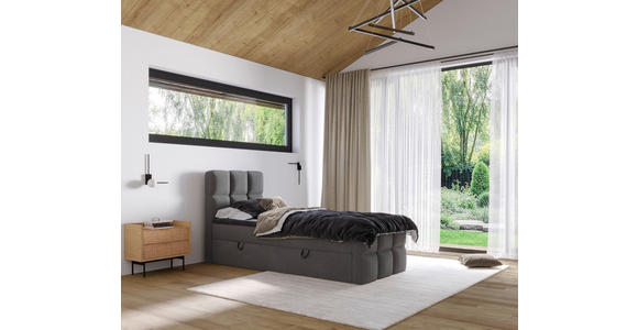 BOXBETT 90/200 cm,  in Dunkelgrau, gepolstertes Kopfteil, Bettkasten, Topper, H3 = fest  - Dunkelgrau/Schwarz, Design, Holzwerkstoff/Kunststoff (90/200cm) - Xora