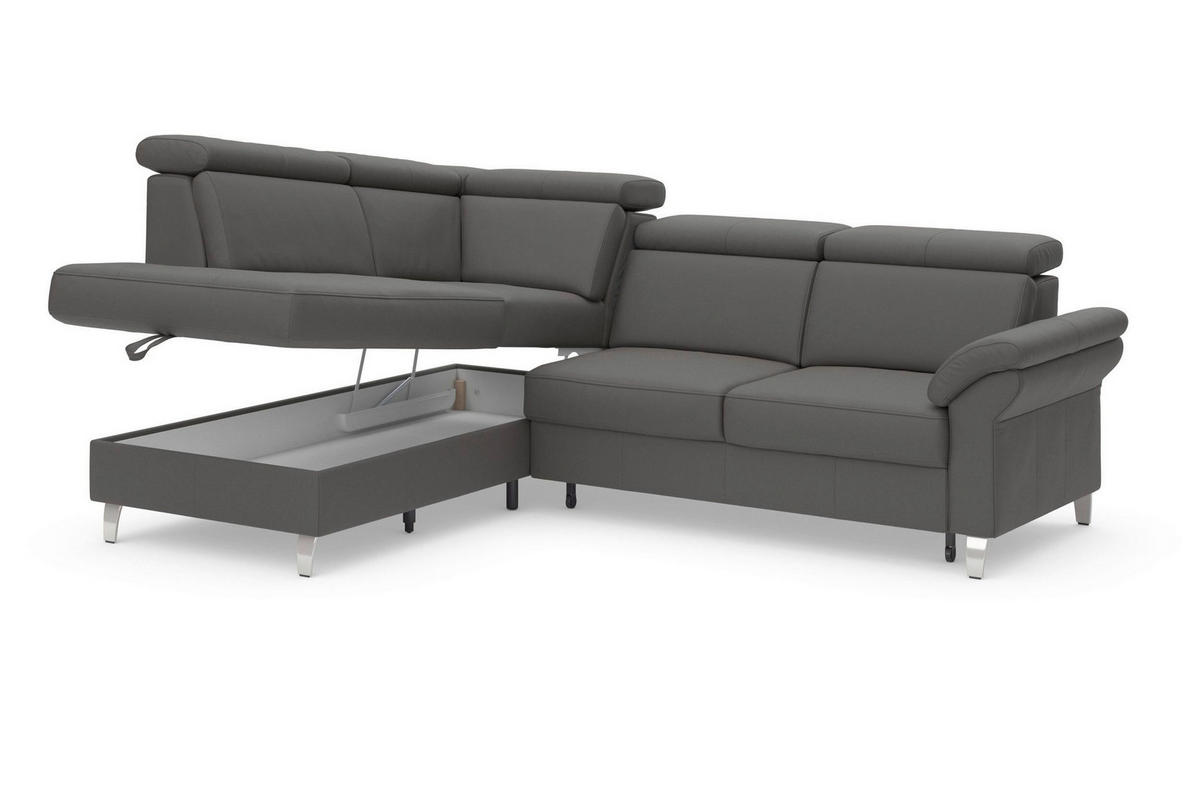 ECKSOFA ARNGAST E Mokka Kombination Echtleder/Stoff Mikrofaser Bettkasten, Kopfteilverstellung  - Chromfarben/Mokka, Basics, Leder/Textil (194/245cm) - Sit & More