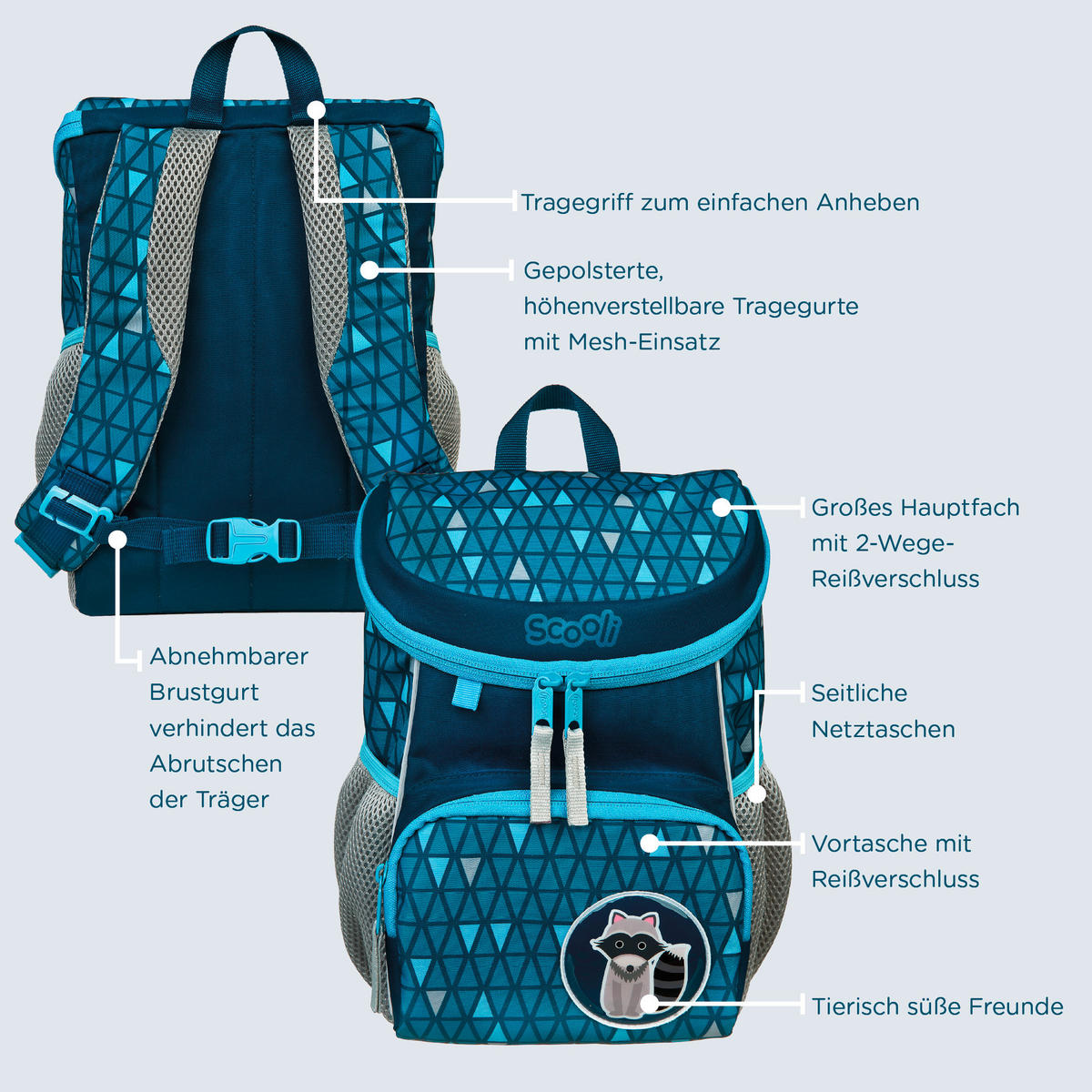 KINDERRUCKSACK Scooli Mini Me Ricki Racoon  - Blau/Grau, Basics, Textil (20/29/13cm)