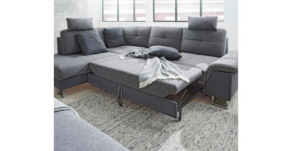 ECKSOFA in Flachgewebe Blau, Grau  - Chromfarben/Blau, Design, Textil/Metall (296/229cm) - Novel