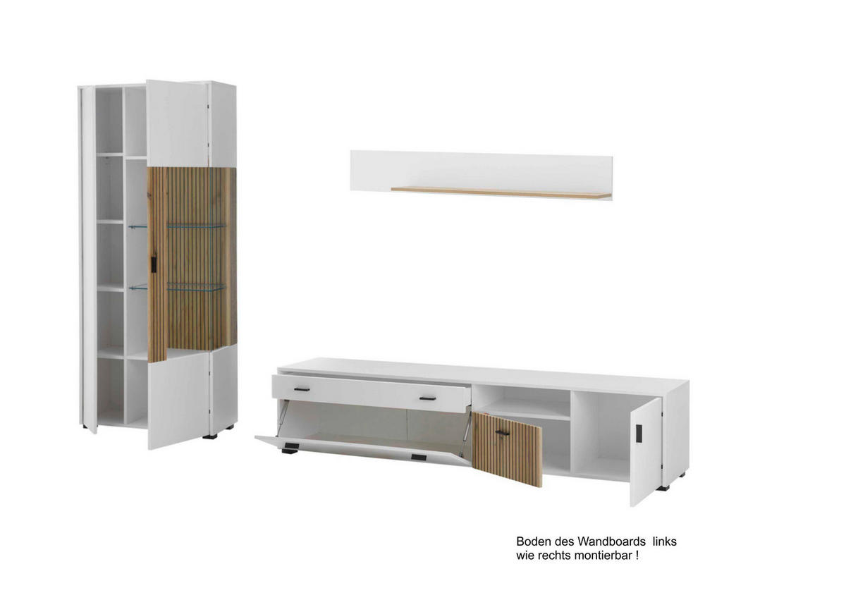 WOHNWAND 3-teilig  in Weiß, Eichefarben  328/180/42 cm  - Eichefarben/Schwarz, Design, Glas/Holzwerkstoff (328/180/42cm) - MID.YOU