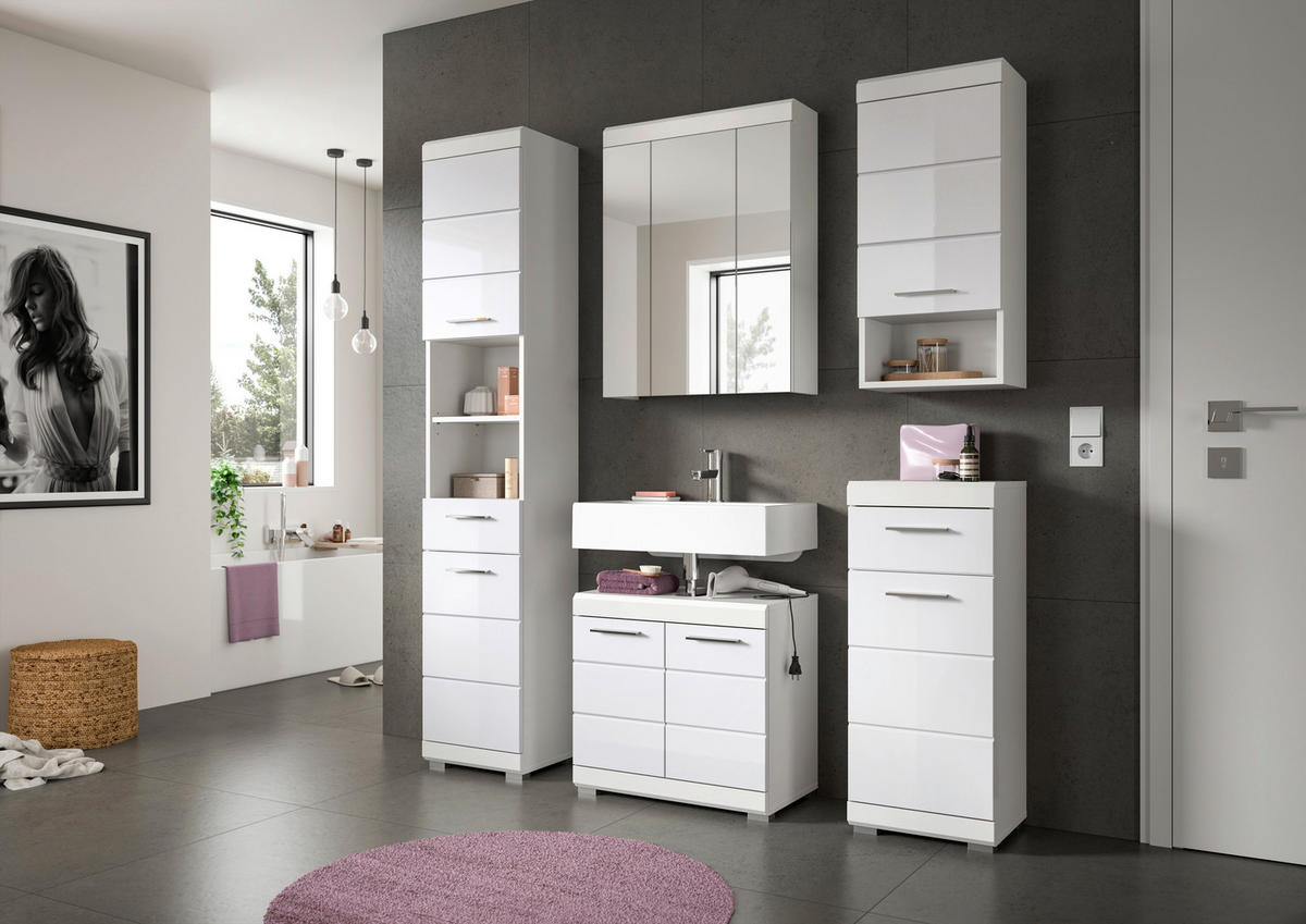 BADEZIMMER 2-teilig  in 60 cm  - Weiß Hochglanz/Silberfarben, MODERN, Glas/Holzwerkstoff (60cm) - MID.YOU