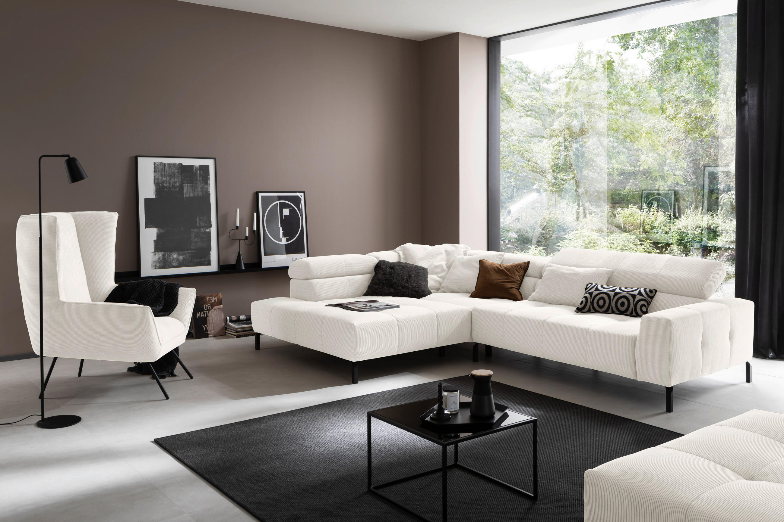 ECKSOFA in Feincord Weiss  - Weiss/Schwarz, Konventionell, Textil/Metall (219/311cm) - Hom`in