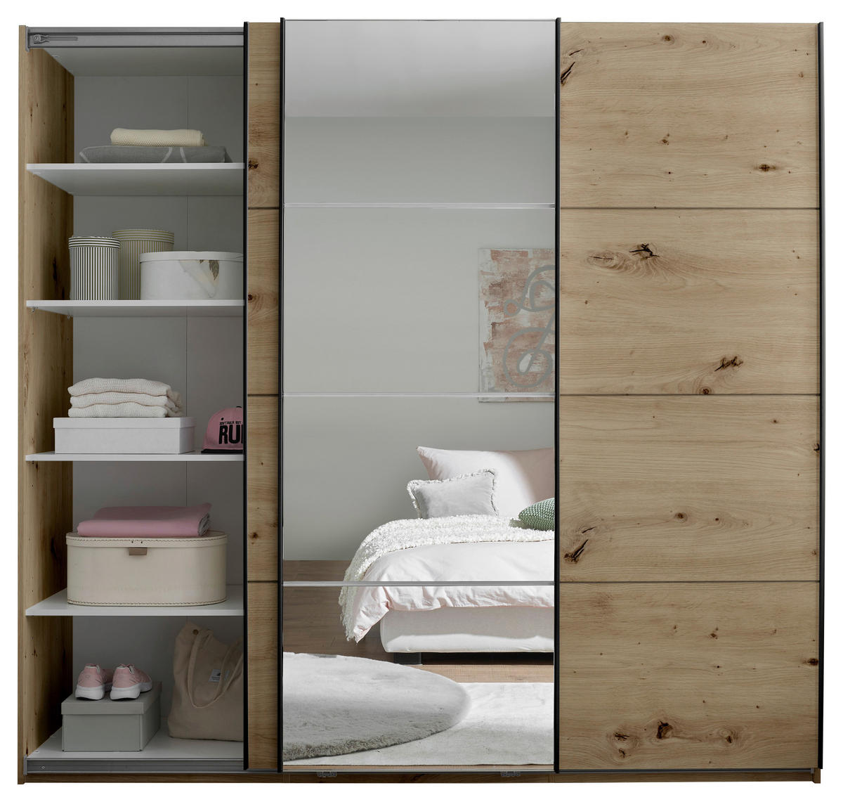 SCHWEBETÜRENSCHRANK 215/204/60 cm 3-türig Eiche Artisan  - Schwarz/Eiche Artisan, KONVENTIONELL, Glas/Holzwerkstoff (215/204/60cm) - Boxxx