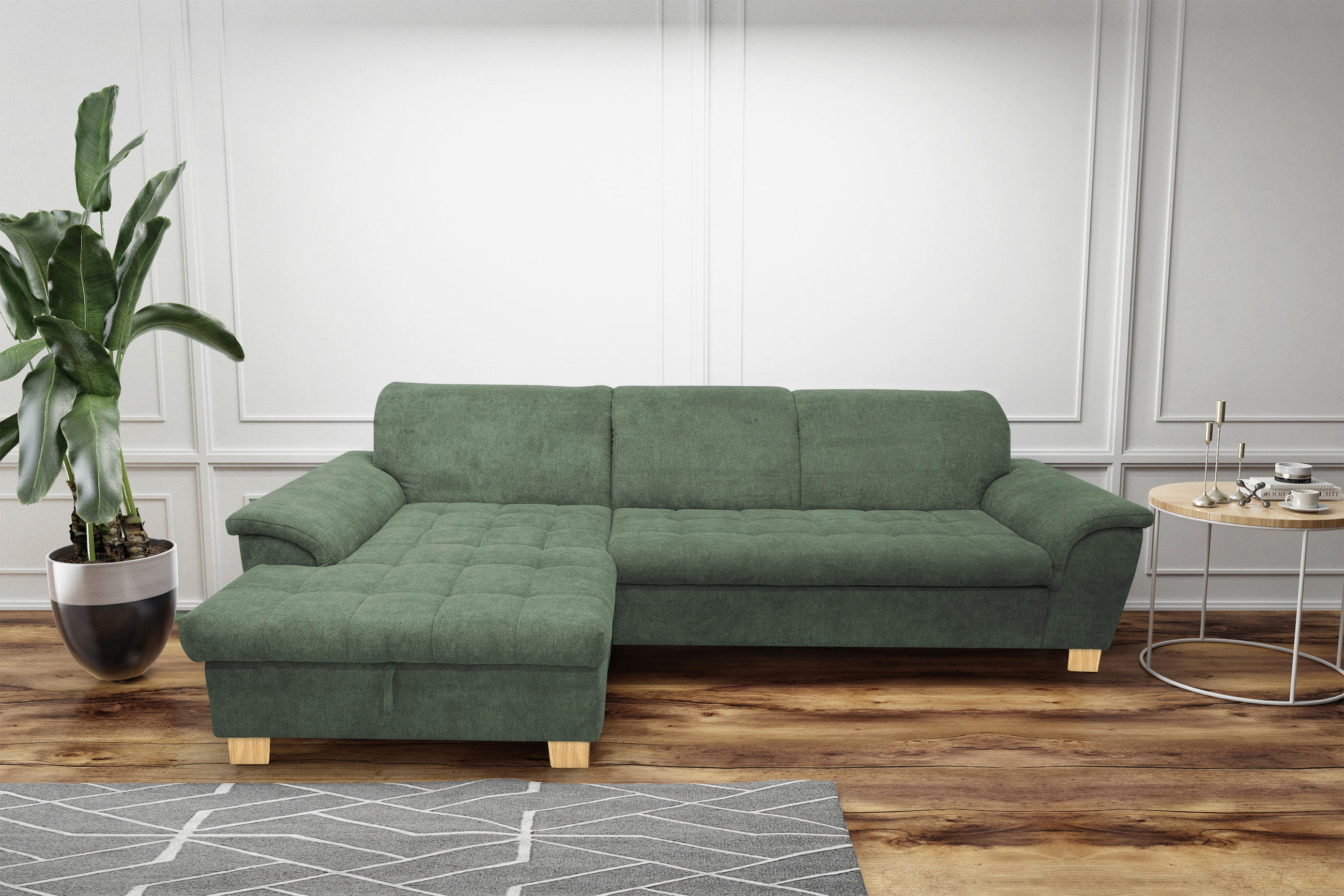 ECKSOFA in Mikrofaser Grün  170/281 cm  - Eichefarben/Grün, KONVENTIONELL, Holz/Textil (170/281cm) - MID.YOU