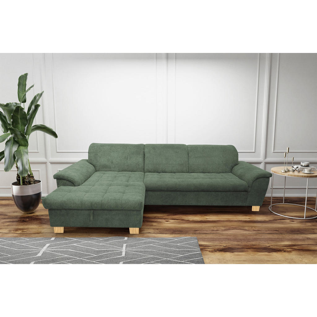 Thumbnail - Mid.you Ecksofa, Grün, Textil, Eiche, Uni, 3-Sitzer, Ottomane links, L-Form, 279x162 cm, Made in EU, FSC Mix, Rücken ech...